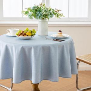 Alsoo Table Cloth for Round Table, 60 Inch Linen Textured Light Blue Table Cloth Waterproof Spill-Proof Circle TableCloths Wrinkle Free Fabric Farmhouse Table Cover for Dining Parties Buffets Holidays