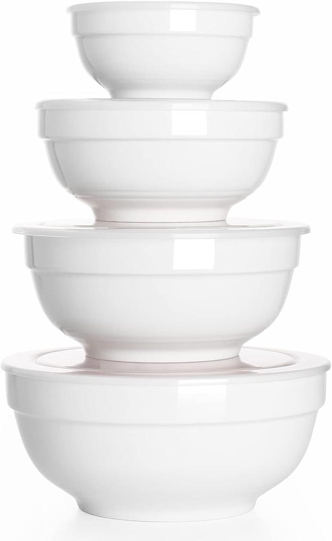 DOWAN Ceramic Bowl Set with Lids, Serving Bowls, Food Storage Container, Porcelain Prep Bowl, Small Mixing Bowls for Kitchen, Microwave & Dishwasher Safe, 64/42/22/12 Ounces, Set of 4, Soft White