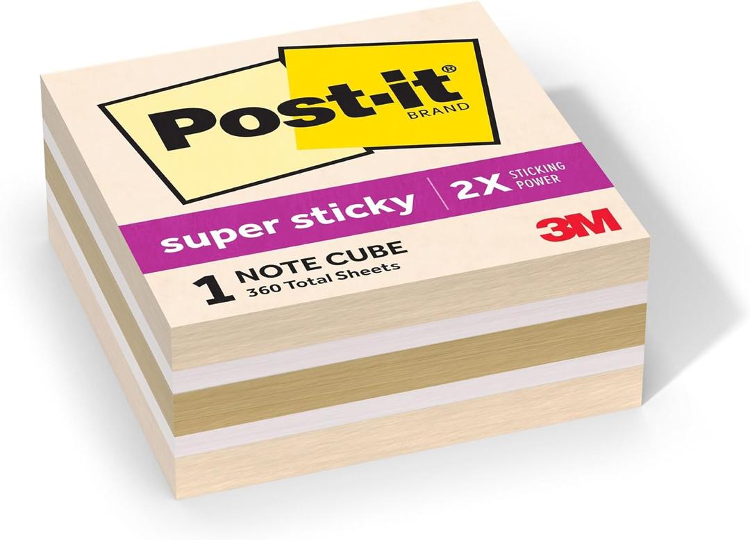 Post-it Super Sticky Notes, 1 Cube Note Sticky Notes Pad, 3 x 3 in., School Supplies and Oﬃce Supplies, 2X the Sticking Power, Neutrality Collection