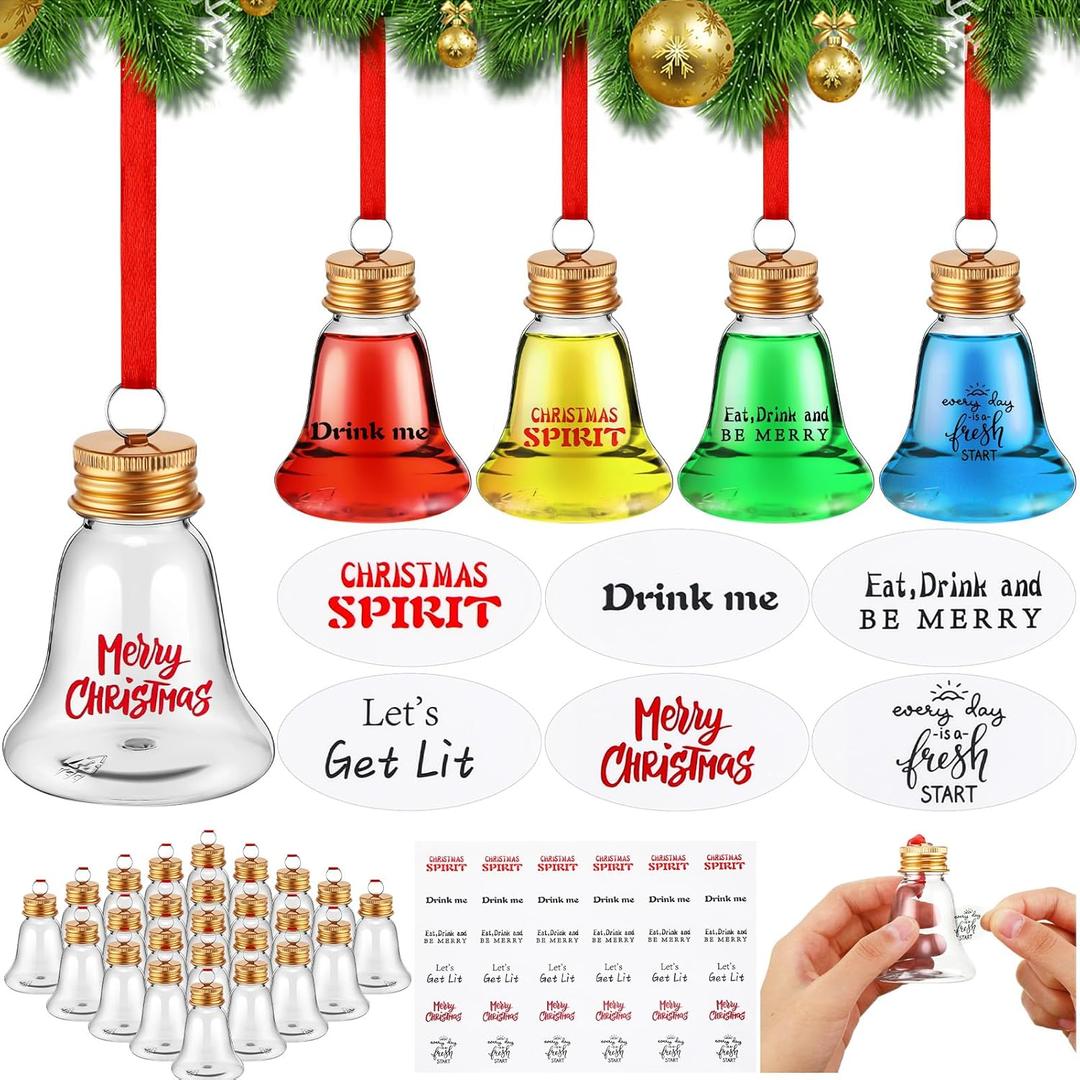 Baquler 30 Pcs Christmas Drink Booze Balls Shot Ornament Plastic Fillable Christmas Tree Ornaments Clear Xmas Water Bottle Bulbs for Holiday Party Decor Indoor Outdoor (Bell)