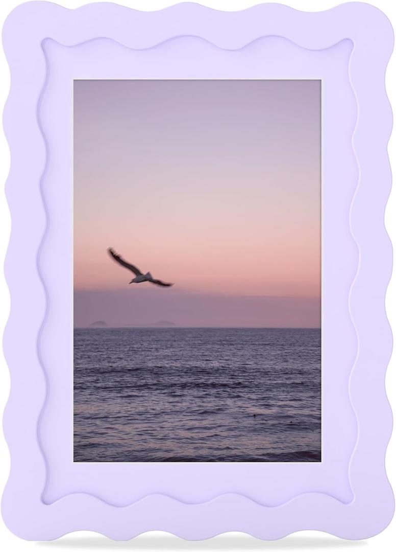 5x7 Picture Frame with Mat for 4x6, Wavy Edge Wooden Real Glass Photo Frame for Tabletop and Wall Hanging, Purple, 1 Pack