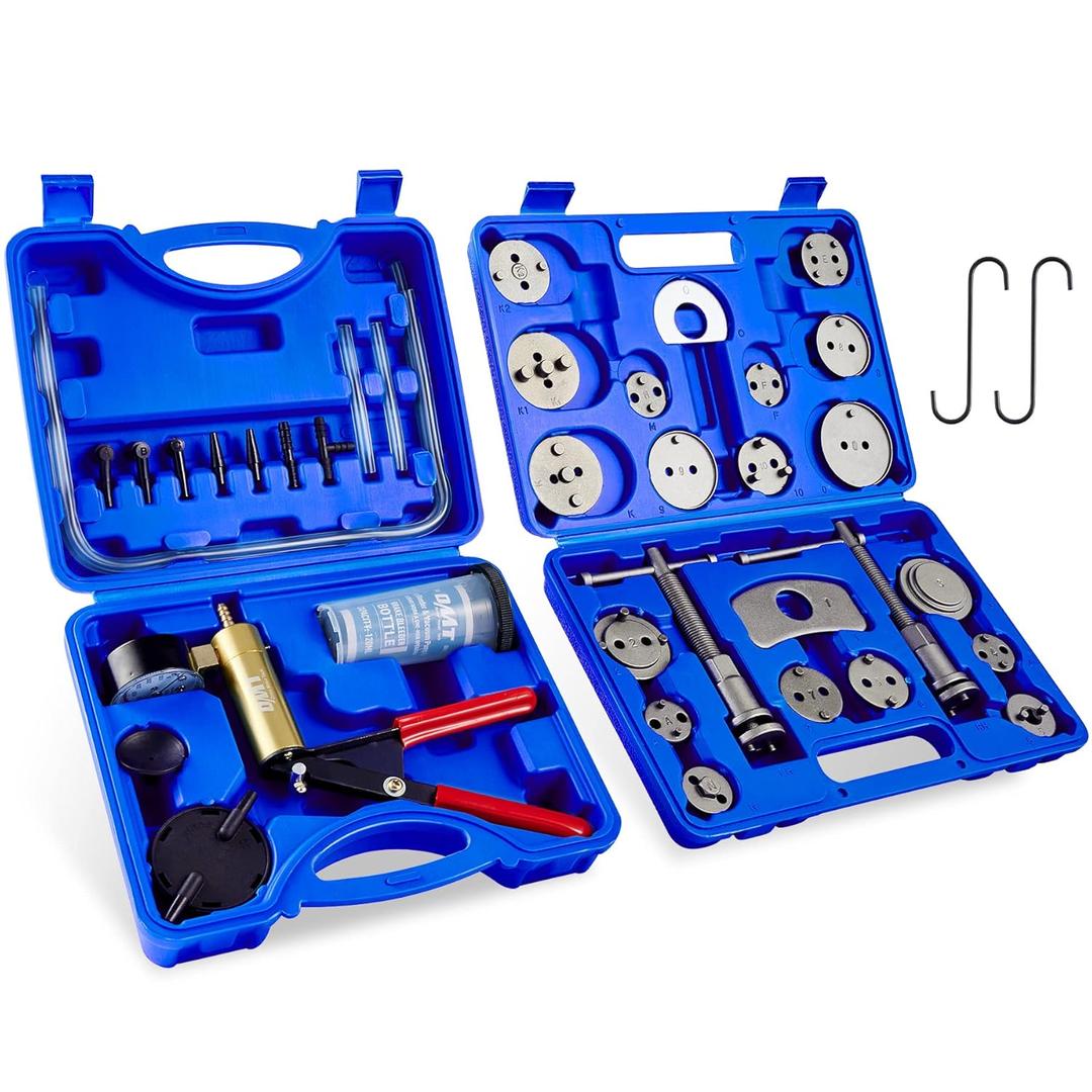 Orion Motor Tech 2 in 1 Brake Caliper Compression Tool & Brake Bleeder Kit, Handheld Vacuum Pump Brake Bleeder Tool Set, Disc Brake Pad Service Tool with Thrust Bolt Retaining Plates & 18 Adapters (Blue)