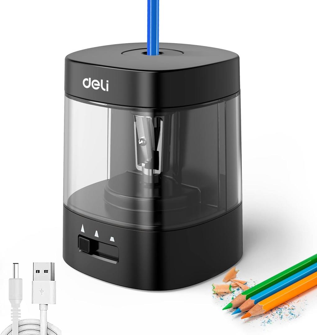 Deli Electric Pencil Sharpener, Automatic Pencil Sharpeners for No.2 Pencils Colored Pencils, USB & Battery Operated Pencil Sharpener for Kids, School, Home, Office, Classroom, Black