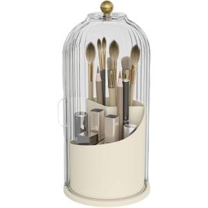 Makeup Brush Holder with Dustproof Cover 360 Rotating Makeup Brush Organizer for Vanity Bathroom, White/Beige