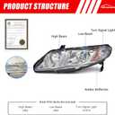 Headlights Assembly Compatible with 2006-2011 Honda Civic 4-Door Sedan Headlamp Replacement for 2006-2011 Civic 4DR Chrome Housing with Amber Reflector(NOT fit 2-Door)W/O Bulbs
