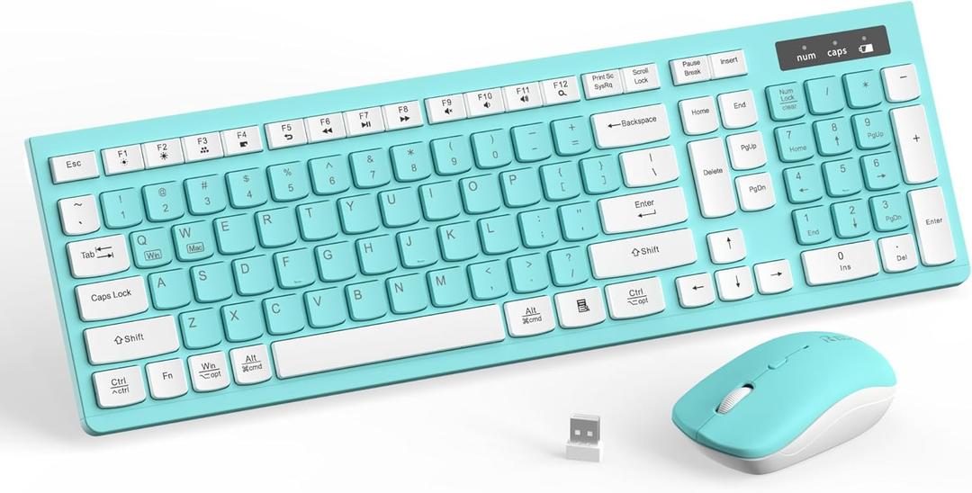RECCAZR Wireless Keyboard and Mouse Combo, Full-Sized Keyboard and Adjustable DPI Mouse, 2.4GHz USB Receiver, Wireless for PC, Windows, Desktop, Laptop (Blue)