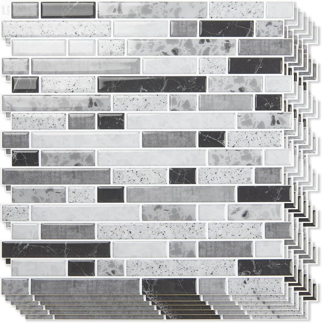 Art3d 10-Sheet Heavy-Duty Peel and Stick Backsplash, Waterproof Wall Tiles Stick on Kitchen Backsplash Living Space, Carrara Grey (12 x 12 Inch)
