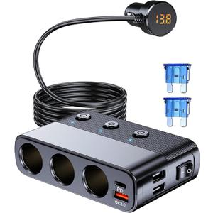 7 in 1 Cigarette Lighter Splitter, LIHAN 3 Socket Car Charger Adapter, Type-C QC3.0 PD 30W Charging, Dual USB Charging Ports, Independent Switches, LED Voltmeter, Plug Outlet 12V/24V(3.3ft Cable)