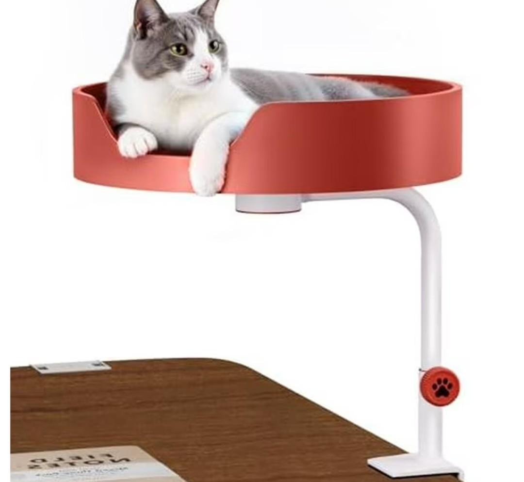 Clioran Cat Desk Bed Large Perch Nest with Teaser Easy Install,Space Saving Mount Design,Sturdy Frame,Removable Cushion,Clamp Desktop Attachment Hammock for Home Office,Side Table, (White and Red)