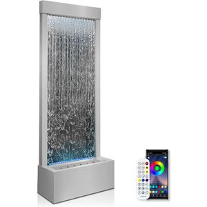 LONGRUN 48" Mirror Waterfall | Indoor Water Fountain with 7-Color LED Lights | Stainless Steel Self-Contained Waterfall Fountain for Home Decor | Large Indoor Water Feature Kit Mirrored Silver