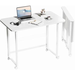 Folding Desk,Not Require Assembly,Small Foldable Desk 31.5" for Small Spaces,Space Saving Computer Table Writing Workstation for Home Office,White, 15.7"D x 31.5"W x 30"H