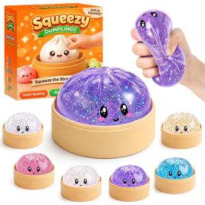 Mystery Glitter Dumpling Squishies with Steamer Box – Cute Bao Bun Stress Ball – Soft Squeeze Sensory Toy for Stress Relief – Sensory Fidget Toy Gift for Kids, Teens & Adults (Glitter Purple)