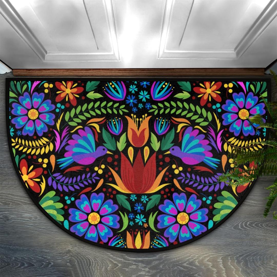 Mexican Flowers Birds Half Round Door Mat,Indoor Entrance Rug, Semi Circular Area Rug, Kitchen Floor Mats Non Slip Absorbent Doormats,Laundry Room Rug 24"x 36"