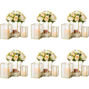 Glass Hurricane Candle Holder Large - Hewory 18pcs Gold Rectangle Flower Holders Centerpiece for Table, Tall Floor Square Pillar Candle Lantern for Wedding, Anniversary, Party, Fireplace, Dining Room