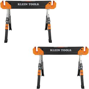 Klein Tools 80178 Folding Saw Horse, Adjustable 26 to 32-Inch Height, 2x4 Support Arms, Heavy Duty Jobsite Table, 2-Pack, Adjustable Legs