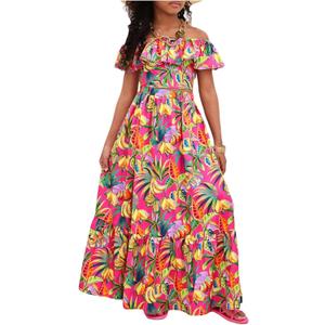 BEAUDRM Girl's Summer Outfits Tropical Summer Dress Hawaiian Off Shoulder Tops and Ruffle Skirt Set Vacation Beach Clothes (Multicolor)