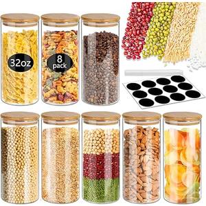SLifeJars-32 oz Glass Jars with Bamboo Lids 8 pcs Glass Food Storage Containers with Airtight Bamboo Lids, Glass Canisters Stackable Kitchen Pantry bamboo lid for Coffee Beans, Rice, Sugar and More