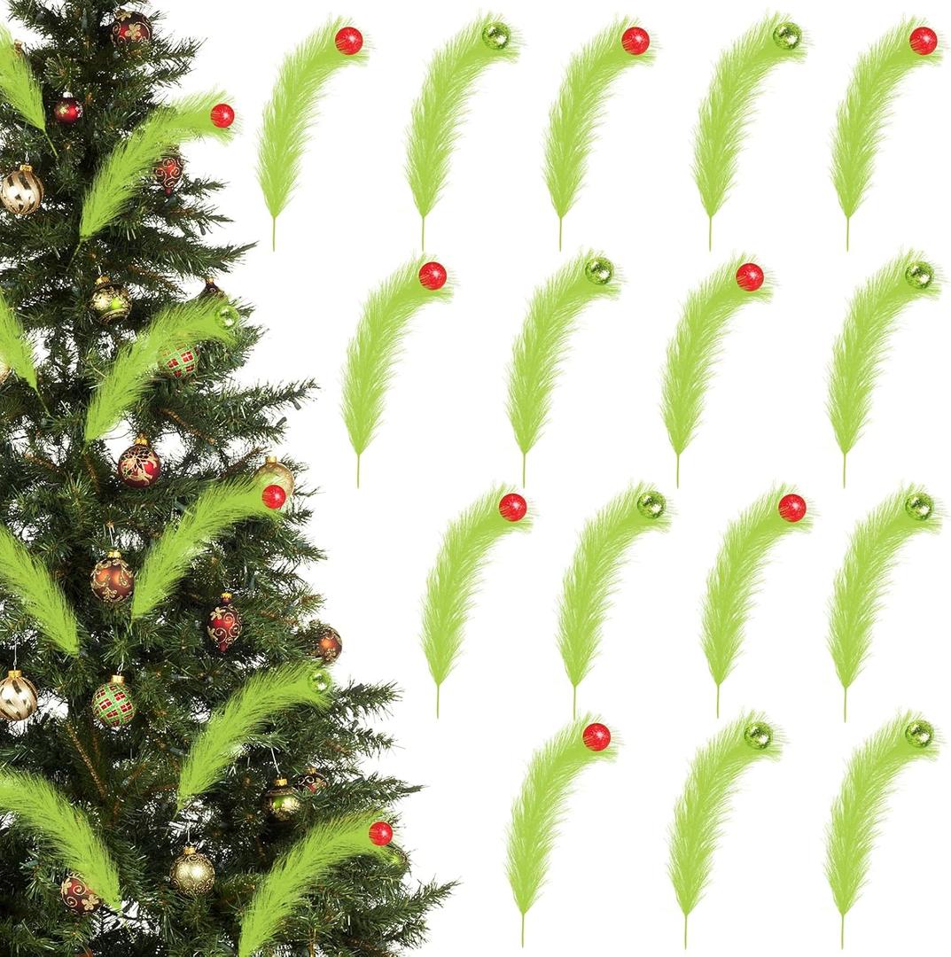 16 Pcs Christmas Tree Topper Set 17'' Lime Green Curly Tree Picks with Red Green Ball Xmas Artificial Christmas Tree Picks for Winter Holiday Home Wreath Craft Decoration Supplies