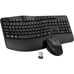 Wireless Keyboard and Mouse Combo, EDJO 2.4G Full-Sized Wave Keys Ergonomic Keyboard and Wireless Optical Mouse, Energy-Saving Wireless Mouse Keyboard for Computer, Mac, Laptop, PC, Windows(Black)