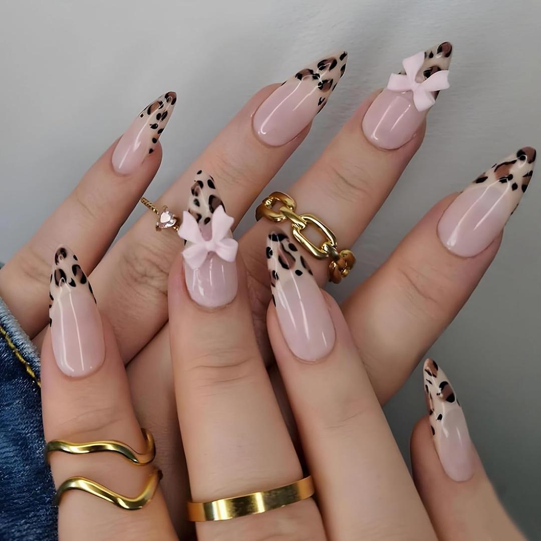 2 x MERVF Almond Press on Nails Medium Fake Nails Leopard French Tip Glue ons Pink Bow with Cheetah Design Stiletto Acrylic False Nail Glossy 24pcs (0167A Brown)