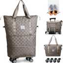 Rolling Duffle Bag with Wheels Expandable Foldable Travel Duffel Bag Checkerboard Carry on Luggage Bag Weekender Bag for Men Women (Khaki+Shoe Bag)