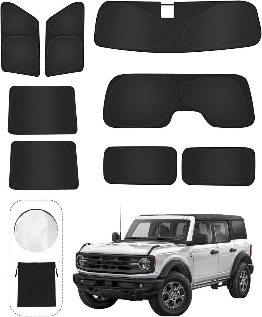 8PCS Window Shades for Ford Bronco(2021-2025) Accessories Full Coverage Sun Shade for Side Windows, Rear Triangular & Windshield UV Protection & Privacy for Camping, Napping, Relaxing
