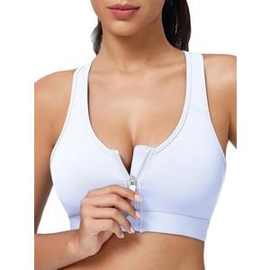 Zip Front Closure High Impact Sports Bra for Women Post Surgery Racerback Sports Bra High Support Workout Running Bras, (White, Small)