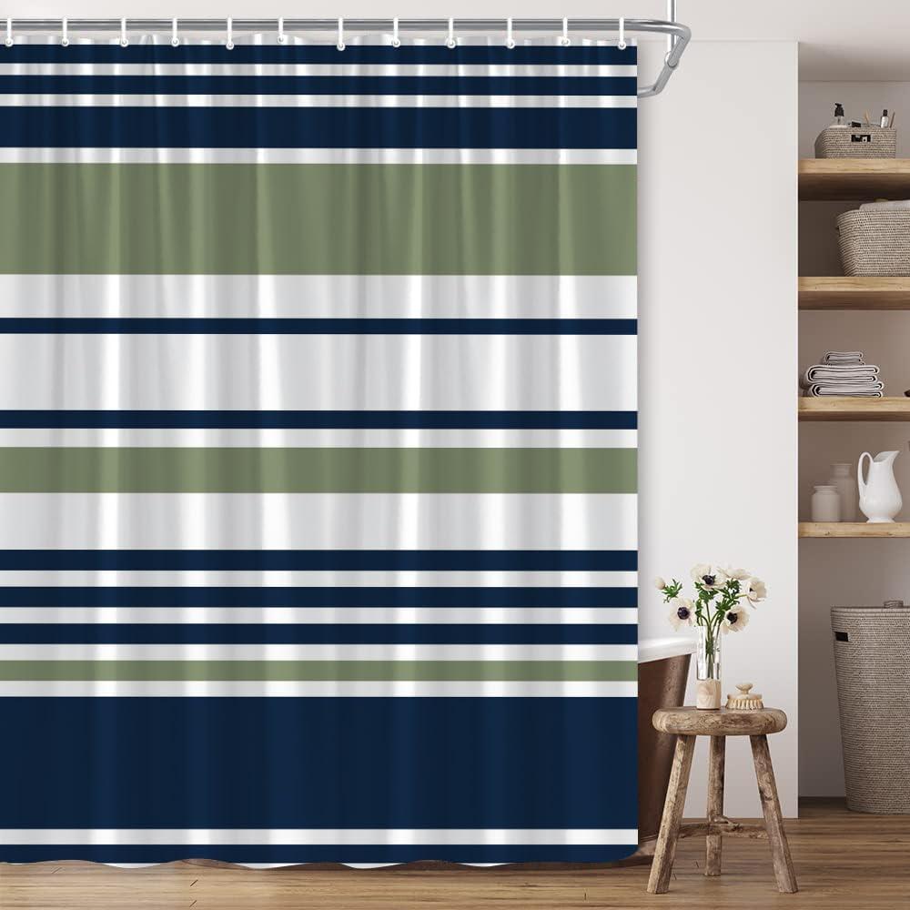 Navy Blue Sage Green White Striped Shower Curtain Stripes Geometric Abstract Artistic Modern Fashion Polyester Fabric Bathroom Decor 7070 Inch with Hook