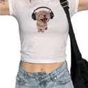 SHENHE Women's Cute Cat Graphic T-Shirt Slim Fitted Round Neck Print Crop Tee Tops (White, M)