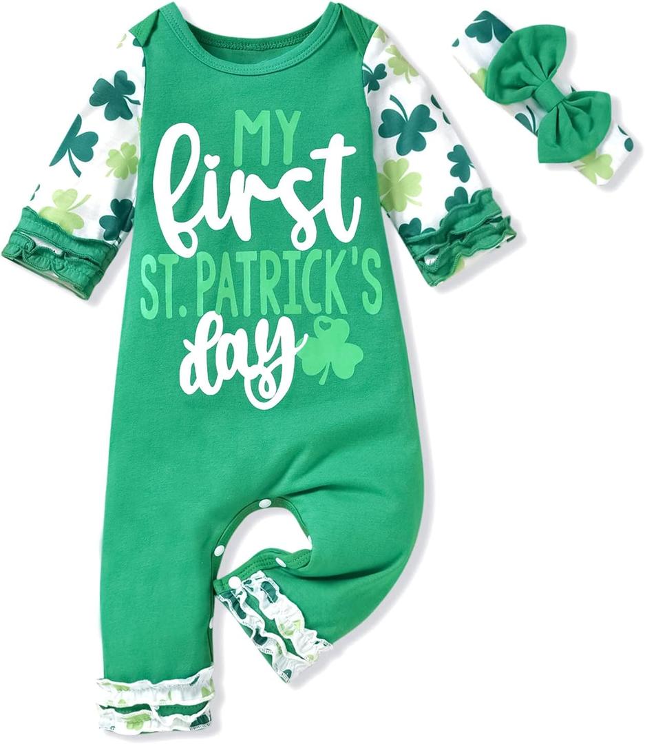 Baby Girl Romper Outfit Newborn Ruffle Button One-Piece Jumpsuit Playsuit With Headband (Green)