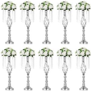 Nuptio 10 Pcs Silver Wedding Centerpieces Flower Stand, 21.7in/55cm Height Wedding Road Lead Flower Vases, Crystal Artificial Flower Arrangements for Wedding Party Birthday Event Reception Home Decor