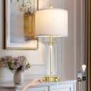 28" Gold Glass Table Lamp Single with Night Light, Modern Bedside Lamp with USB C+A Charging Ports, Nightstand Lamp for Living Room, Glass Lamps for Bedroom End Table Office, Bulbs Included, 1Pack