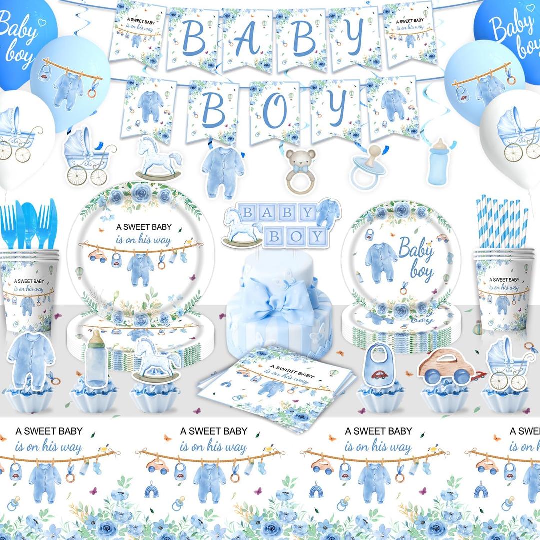 141Pcs Blue Flower Theme Baby Boy Shower Decorations,Cute Baby Boy Party Tableware Set With Banner,Plates,Napkin,Cups,Balloons And Cake Decorations,BoyGender Reveal Party Supplies