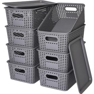 Plastic Storage Baskets with Lid-Plastic Storage Containers Stackable Storage bins: Storage Baskets for Organizing Shelves Drawers Desktop Closet Playroom Classroom Office, 8Pack-Gray,10.2x7.2x4.1Inch