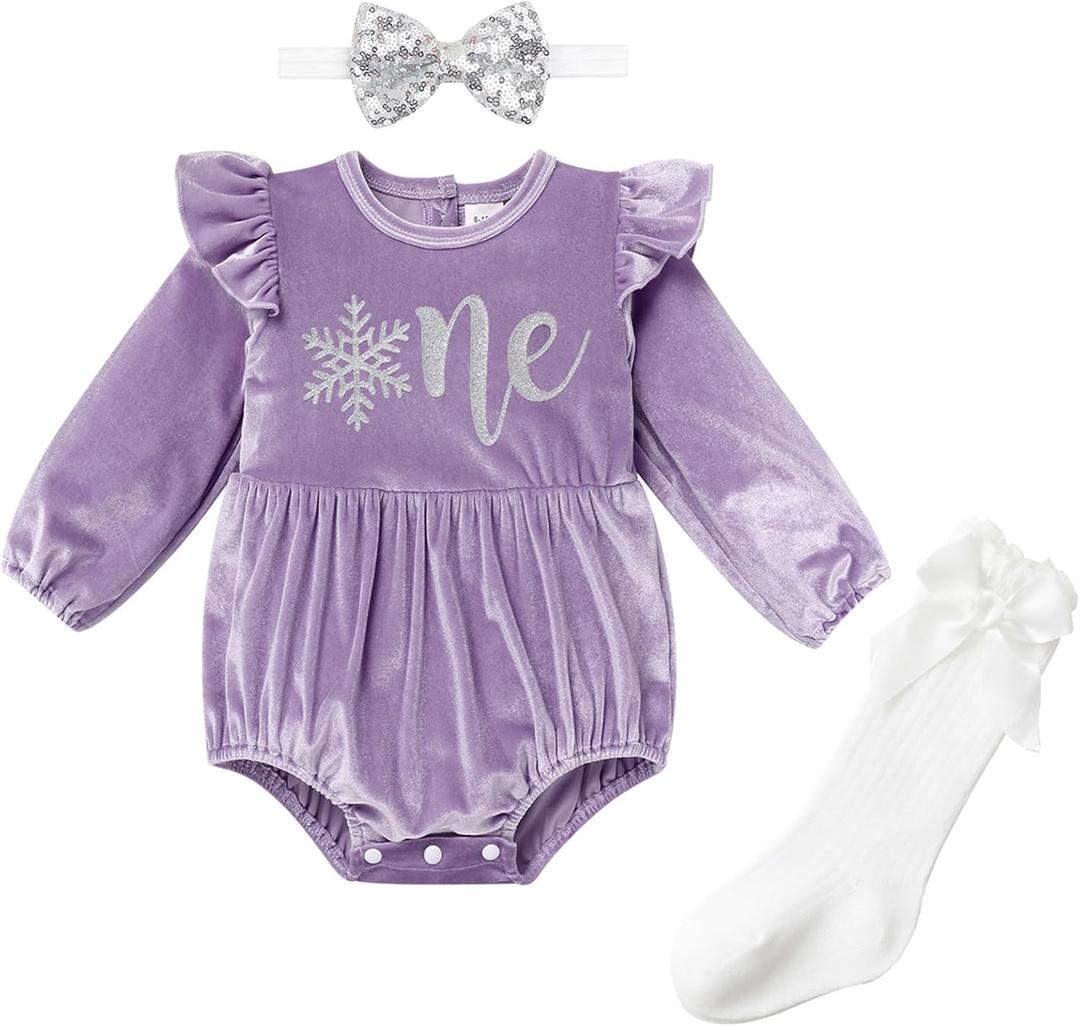 IBTOM CASTLE Baby Girl First Birthday Outfit Fall Winter Velvet Romper Bodysuit Bow Headband Socks Christmas for Cake Smash (12-18 Months, Purple-one)