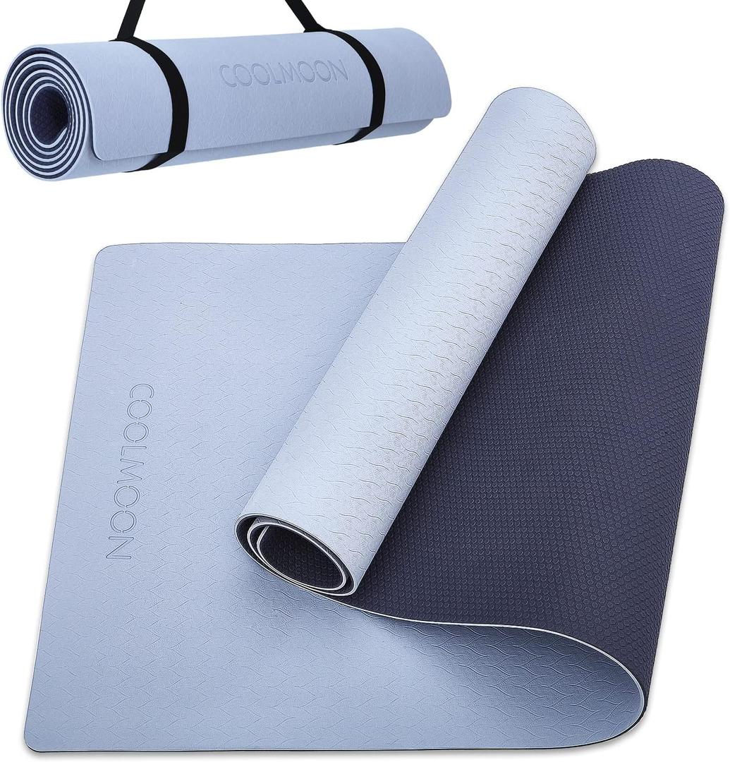 COOLMOON Yoga Mat Non Slip, Anti-Tear 1/4 Thick TPE Yoga Mats for Women and Men, 72"x24" Exercise & Fitness Mat with Carrying Strap, Workout Mats for Yoga, Pilates and Floor Exercise (Gray)
