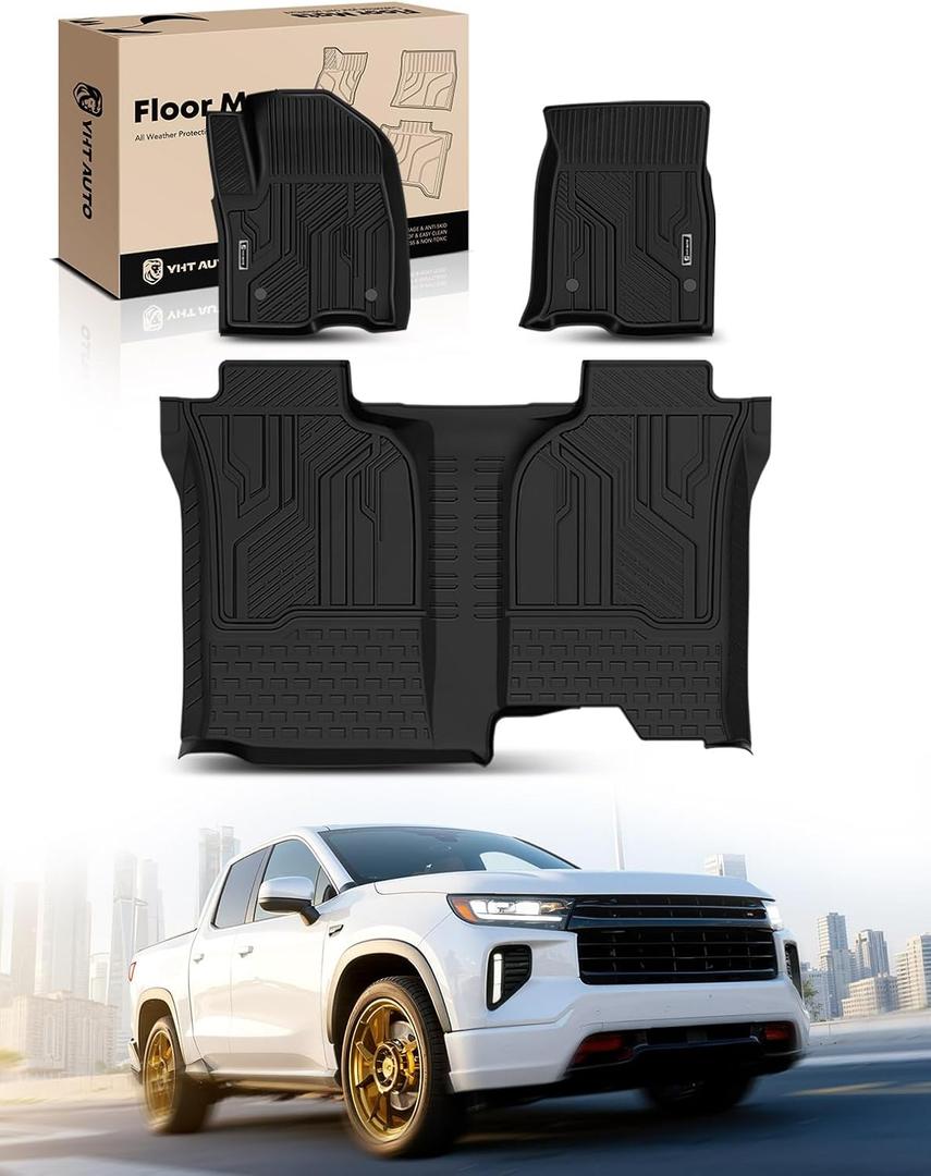 YHTAUTO Automotive Floor Mats Compatible with Chevy Silverado & GMC Sierra 1500 2019-2025 2026 Crew Cab (w/o Rear Underseat Storage Box), TPE All Weather Car Mats Floor Liner, 1st & 2nd Row, Set of 3