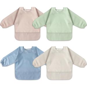 POIKSHARK 4 Pack Long Sleeve Bib, Reusable Bib with Catch-all Pocket (Blue)
