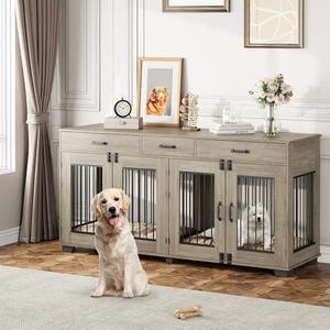 71 in Dog Crate Furniture for 2 Dogs, Wooden Double Dog Crate with 3 Drawers and Removable Room Divider, XXL Indoor Dog Kennel TV Stand End Table with Double Doors for Large Medium Dogs, Grey