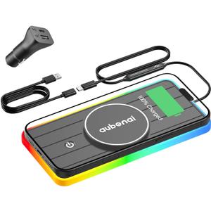 Magnetic Wireless Car Charger Pad, Aubenai 15W RGB Fast Wireless Charging Pad Non Slip Charging Mat with 70cm Extension Cable Compatible with Magsafe Charger iPhone 16 15 14 13 12 (Extension USB-A)