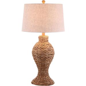 JONATHAN Y 31" Natural Woven Water Hyacinth Table Lamp for Living Room, Coastal Farmhouse Urn Bedside Lamp with Gray Linen Drum Shade, LED Bulb Included JYL1015A