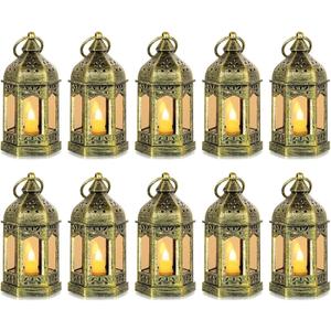 Mini Lantern with Flickering LED Candles Set of 10, Hewory Gold Vintage Decorative Hanging Candle Lanterns for Halloween, Christmas, Wedding Decorations, Party, Table Centerpiece, Battery Included