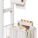 Toilet Paper Holder Stand with Storage Shelf - Multi Tier Metal Toilet Paper Stand with Large Basket for Tissue Rolls, Wipes (White)