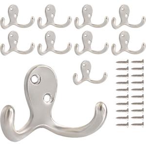 10 Pack Coat Hooks Wall Hooks for Hanging, Heavy Duty Double Prong Metal Hook Wall Mounted for Living Room, Bathroom, Kitchen, Bedroom for Coat, Bag, Scarf, Towel, Hat, Key, Cup (Silver)