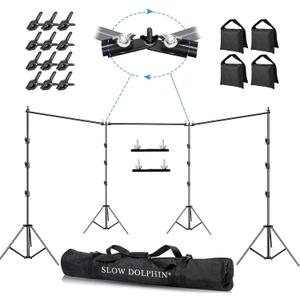 SLOW DOLPHIN Photo Video Studio 30ft (Wide) x 10ft (Tall), Degree Crossbar Rotatable, Angle Adjustable Triple Crossbar Extender Mount, Photography Background Support System, Sand Bags,Clamps