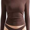 OMKAGI Women Long Sleeve Shirts Cotton Ribbed Fitted Basic Tops Crewneck Y2K Chocolate Small