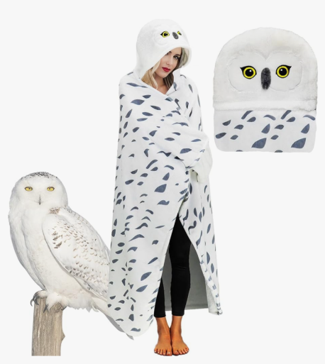 Wearable Blanket Hoodie, Snowy Owl Hooded Blanket Cloak with Gloves, Super Soft Owl Gifts for Adults Kids Birthday Holiday