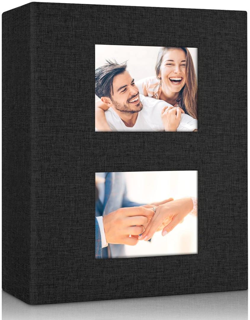 Photo Album 4x6 200 Pockets for Wedding Gifts, Linen Hardcover Memory Book with Front Window for Family Anniversary School Baby Travel Pictures Holds 200 Horizontal Photos, Black