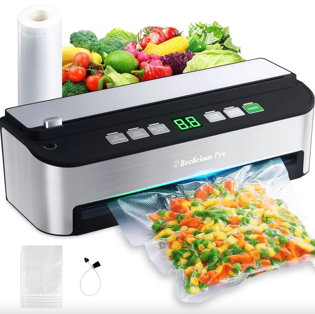 Vacuum Sealer Machine, Beelicious 85KPA Fully Automatic 8IN1 Food Sealer with Bags Storage, Buildin Cutter, Moist Mode, Air Suction Hose