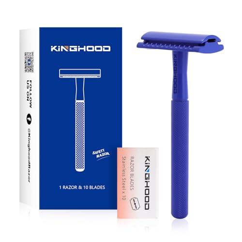 Kinghood Double Edge Safety Razor, Single Blade Razors with 10 Stainless Steel Blades, Reusable Metal Shaving Razor for Women and Men - Dark Blue